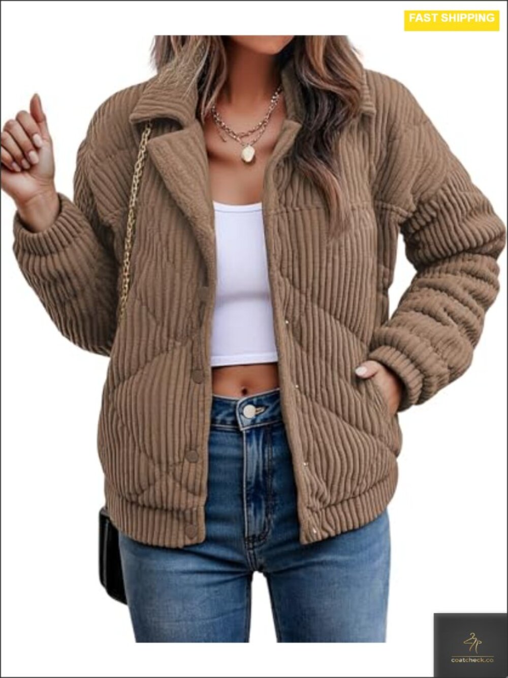 Women's Corduroy Bomber Jacket Quilted Zip Up Long Sleeve Winter Coat Fall